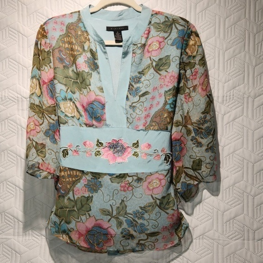 Silkland blouse women Y2K Vtg Floral Tie Embellished Belt Romantic Fairy med. - Picture 14 of 16